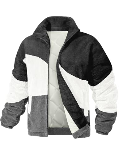 RITOSTA Chaqueta Hombre Invierno Otoño Sudaderas Forro Polar Sin Capucha Suéter Abrigo con Cremallera Bolsillos Térmica Chaqueta de Lana Parka Deportiva de Colores Cruzados (Negro-Blanco-Gris,XL)