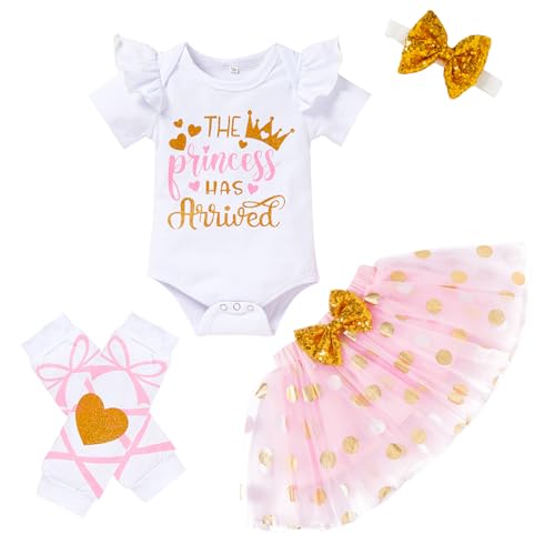 Newborn Baby Girl Skirt Set Infant Letter Print Romper+Tutu Skirt+Headband+Legging Warmers Clothes Outfits (Dot Pink,0-3M)