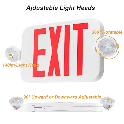 LIT-PaTH LED Combo EXIT Sign with 2 Adjustable Head Lights and Doube Face, Back Up Batteries- US Standard Red Letter Emergency Exit Lighting, UL 924 and CEC Qualified, 120-277 Voltage, 1-Pack