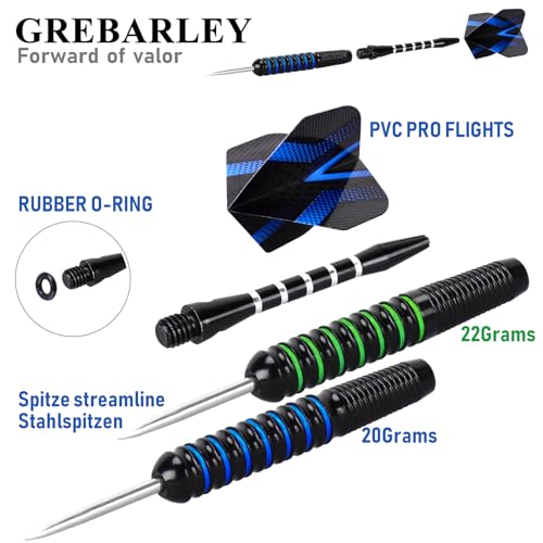 Foto von Grebarley Dartpfeile mit Metallspitze,6 Stück 20 Gramm und 6 Stück 22 Gramm,Profi Steeldarts 18 Aluminium Schaft mit 9 Flights 20 Orings