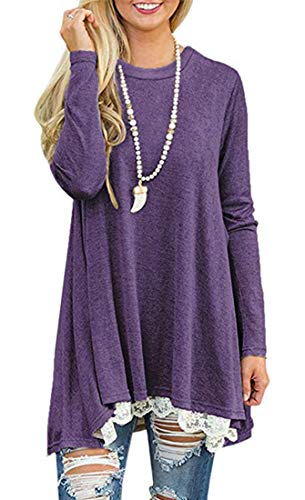 Women s Crew Neck Long Sleeve Lace Splicing Swing Shirt Dresses Long Tunic Blouses Shirts for Leggings Purple