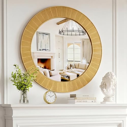Image of Uniclinens Gold Round Wall Mirror - Modern Large Coastal Round Mirror Decor with Clean Lines, Sun-Shaped Circle Wall Decor Art for Bathroom Entryway Fireplace Living Room Bedroom Hallway,31 inch