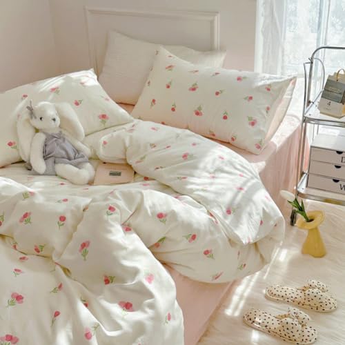 Image of Nayoroom Pink Floral Duvet Cover Twin Size Cute Tulip Printed on White Comforter Cover 2Pcs Kids Girls Kawaii Cottagecore Bedding Set with Zipper Closure Soft Breathable Microfiber