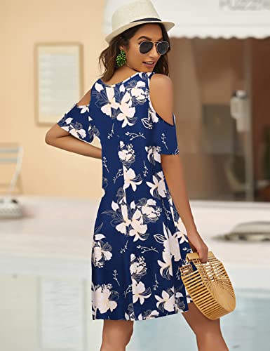 Image of Bluetime Women Cold Shoulder Summer Dress Short Sleeve Beach Casual Loose Swing Dress