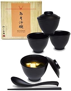 4 Sets (16 Pieces) of Traditional Japanese Style Melamine Noodle Ramen Rice Miso Soup Bowls with Matching Lids Spoons and Chopsticks in Black