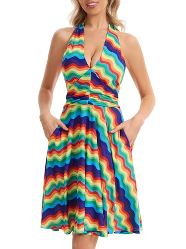 Image of Women's Festival Dress- Halter V Neck Sleeveless Ruffle Mini Dresses with Pocket