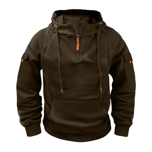 Mens Cargo Athletic Hoodies Fleece Lined 1/4 Zip Big And Tall Hoodies Vintage Hood Pullover Sweatshirt Zipper Pockets