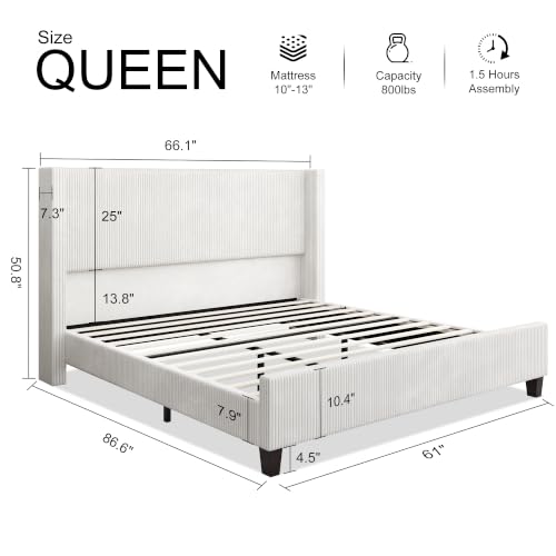 Image of HOWE Queen Size Bed Frame with 50.8 Inch Corduroy Wingback Headboard, White | Modern Upholstered Platform Bed, Solid Wood Slats, No Box Spring Needed, Noise-Reducing Design