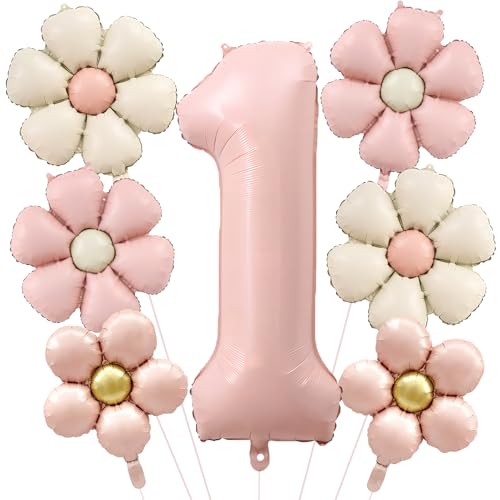 7 unidades balões de aniversário 1 ano para menina, decoração de aniversário margaridas, balões florais de aniversário, balões de papel margarida para o primeiro aniversário para menina, Baby Showers