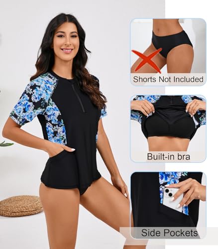 Halcurt Women's Short Sleeve Rash Guard Top with Built in Bra Side Pockets Swim Shirts UPF50+ Swimsuit3