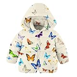 uideazone Toddler Girls Colorful Butterfly Long Sleeve Winter Coats Warmth Beige Button Down Hooded Padded Jacket with Pockets Autumn Lined Coat Outer Clothing 2-3T