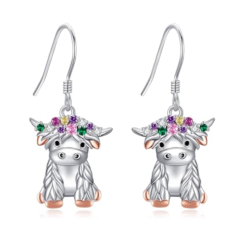 Cow Earrings for Women 925 Sterling Silver Highland Cow Dangle Earring Cow Jewelry Gifts for Women Lover - Main Image