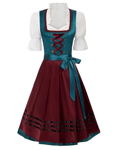JASAMBAC Damen Dirndl 3 Teilig Oktoberfest Kostüme für Bayerischen Karneval Blau+Grün L