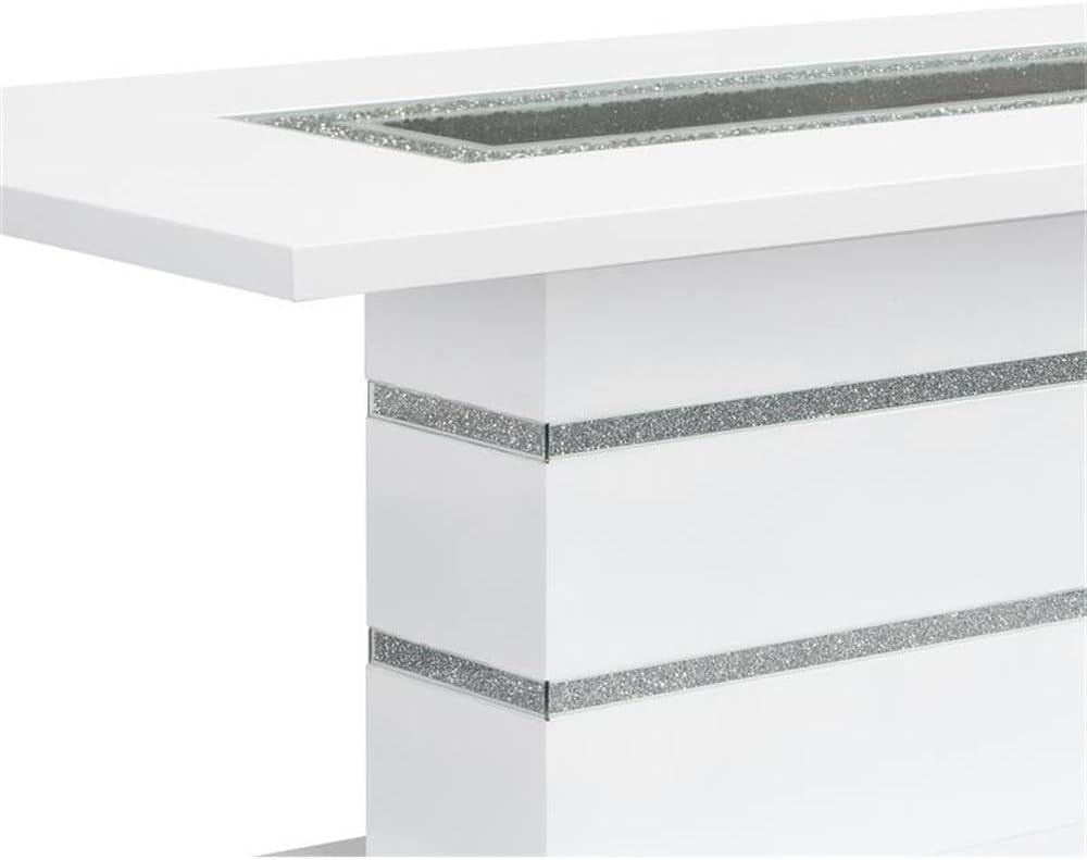 Bowery Hill Rectangle Dining Table, 79"L x 42"W x 31"H, MDF with Tempered Glass and Acrylic, Gray and White High Gloss Finish, Faux Crystal Diamond Inlay, Single Pedestal, Glam Style Dining Room Table