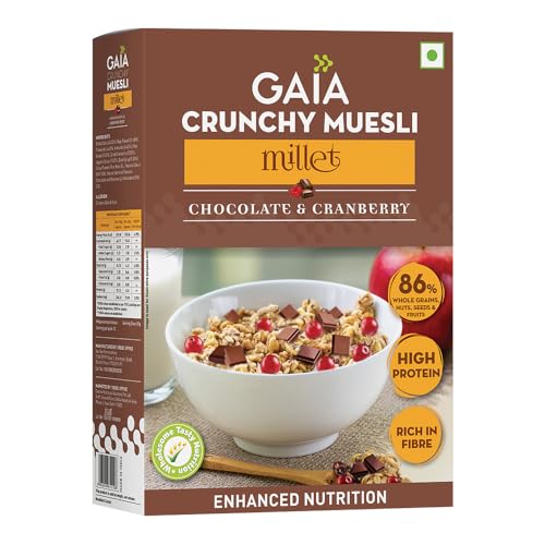 Image of Gaia Crunchy Millet Muesli Chocolate & Cranberry | High in Dietary Fibre | Low Sugar| Zero Trans-Fat | Zero Cholesterol | rich source of omega 3 fatty acids 400G