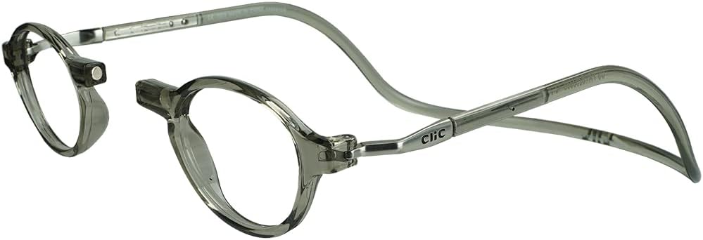 Clic Magnetic Reading Glasses - Adjustable Neck Hanging Readers - Secure Fit with Rigid Headband - Classic S-M, Smoke, 1.50