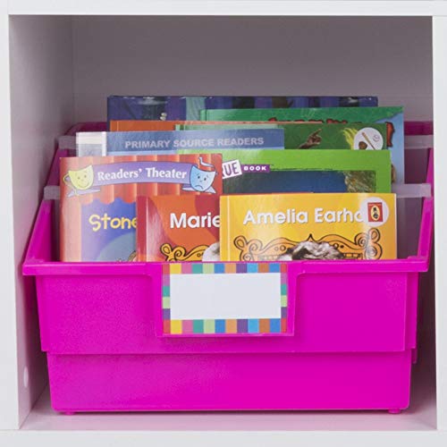 Really Good Stuff Large Plastic Book and Organizer Bins, Dividers, Built-in Label Holder, 13½" by 13½" by 7¾" (Neon Set of 4) - for Picture Books, Large Reference Books in Classroom or Home