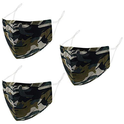 Camo Cloth Reusable Face Mask - 3 Pack of Washable 3 Layer Cotton Fabric Face Coverings with Adjustable Ear Loops and A Nose Bridge in A Dark Colored Designer Military Camouflage