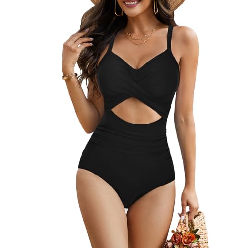PONCEAU Damen Badeanzug V Ausschnitt Bauchweg Raffungen...