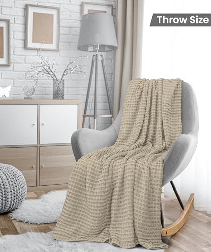 Image of Utopia Bedding 100% Cotton Waffle Weave Blanket Throw Size for Couch Sofa - Lightweight, Breathable Summer Blankets Soft and Cozy, Gifts for Women Home Room Decor (Khaki, 56x60 Inch)