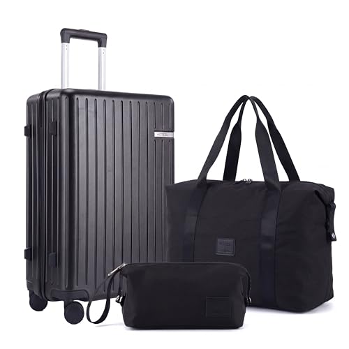 Hoteel Luggage Sets 3 Piece 4-Yr Warranty PC+ABS Suitcases with Wheels and Side Hook Hardshell 20 inch Luggage with Duffel Bag Travel Bag Black(20/DB/TB)