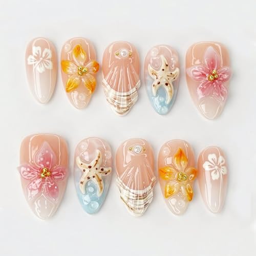 30Pcs Summer Press on Nails Medium Almond 3D Flower Starfish Seashell Fake Nails with Gold Pearl Design Reusable Glossy Nude Pink Acrylic Nails Cute Floral Beach Glue on Nails for Women Girls Manicure