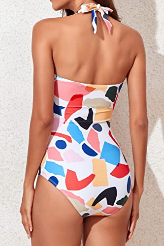 Image of Smismivo Tummy Control Swimwear Halter One Piece Slimming Vintage Retro Swimsuit Womens Ruched Push Up Bathing Suit