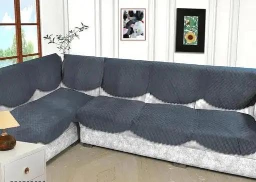 Image of L Shape 7 Seater Velvet Sectional Sofa Cover, Quilted with Fringe Detail, L-Shaped Couch Protector-Pack of 14 (Dark Grey)