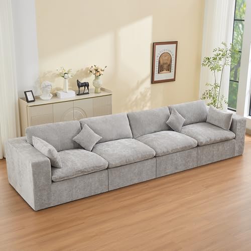 Image of 146''Cloud Boneless Sectional Couch, Modular Sectional Sofa Deep Seat, Oversized Upholstered Convertible Comfy 4 Seater Chenille Memory Foam Sofa Couches for Living Room, Light Grey