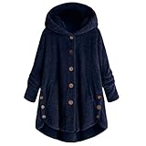 Sczz Strickjacke Damen Mantel Damen Elegant Wärme Bequeme Damen Fleecejacke Lässige Einfarbige All-Match Tasten Kapuzenjacke Winter Neues Teddyjacke Damen Plüschjacke J-Blue S