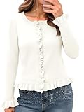 Saodimallsu Womens Ruffle Cardigan Sweaters Button Up Crew Neck Long Sleeve Cropped Sweater Cute Soft Knit Tops White