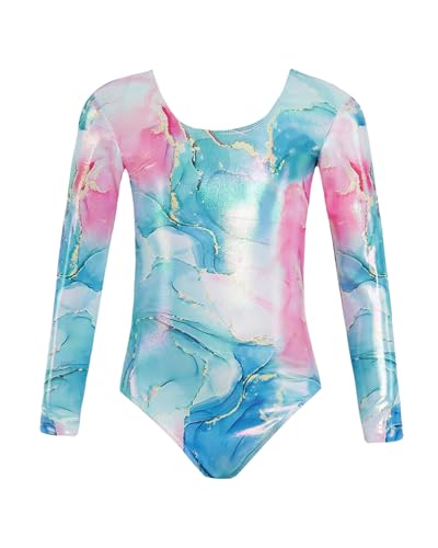JiAmy Leotardos de gimnasia para niñas, de manga larga, traje atlético de gimnasia brillante para baile de 3 a 12 años, Green Fluido, 5-6 años