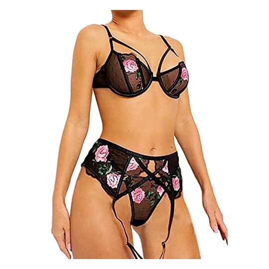 
                            Kaei&Shi Embroidered Lingerie for Women,3 Piece Sexy Lingerie Garter Set,Floral Sheer Lace Underwire Bra and Panty Sets
                        