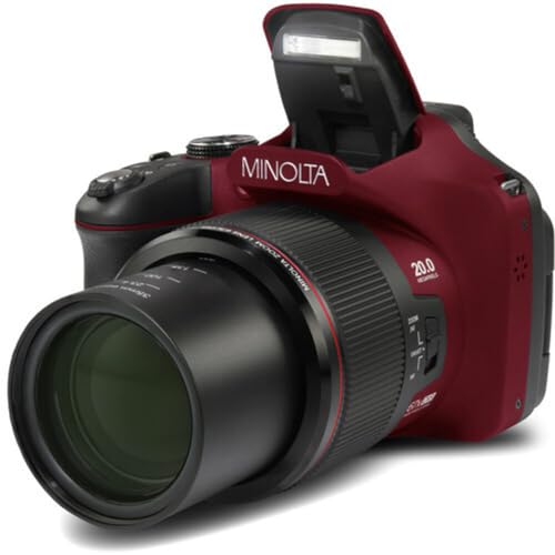 Minolta Pro Shot 20MP Digital Camera – 67x Optical Zoom, Full 1080p HD Video, Optical Image Stabilization, Wi-Fi, 3-inch Articulating LCD Screen, 27 Scene Modes – Includes 16GB SD Card (Red)