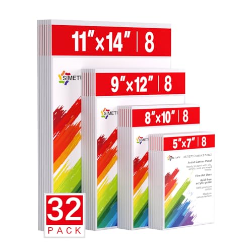Simetufy Canvas Boards for Painting 32 Pack, Paint Canvas Panels Set - 5x7, 8x10, 9x12, 11x14 Inches, Pre-Primed 100% Cotton Blank Canvases for Oil Acrylic Watercolor Pouring Paint for Kids & Artists