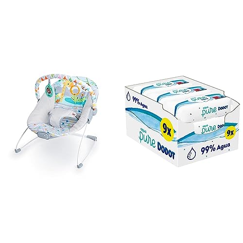 Bright Starts, Hamaca Mecedora para Bebé - Safari Fun, vibraciones relajantes & Dodot Toallitas Aqua Pure para Bebé, 99% Agua, 432 Unidades, (Paquete de 9 x48)