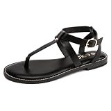 Colgo Thong Flat Sandals, Casual Women T-Strap Dress Sandals with Adjustable Ankle Buckle for Summer Wedding (LS Black/Sdl,8)