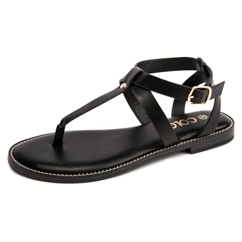 Colgo Thong Flat Sandals, Casual Women T-Strap Dress Sandals with Adjustable Ankle Buckle for Summer Wedding (LS Black-Sdl,8)