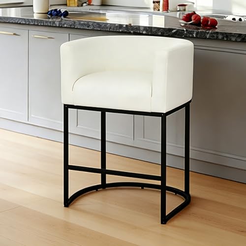 Image of 26 inch Counter Height Bar Stools Set of 4, Faux Leather Upholstered Barrel Chairs with Back and Arms, Metal Frame Kitchen Island Stools with Footrest, Cream White