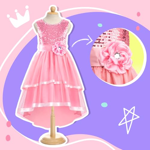 Girls Sequin Flower Dress - Birthday Party Dresses for Girls Age 3-12 Year Old, High-Low Sleeveless Dresses for Kids3