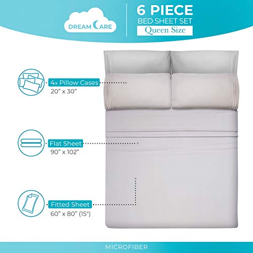 Image of DREAMCARE Queen Sheets - 6 pcs Breathable Cooling Sheets Queen - up to 15 inch | Deep Pocket Queen Sheets Set with Side Pockets - Extra Soft - Queen Sheet Set - Hotel Luxury Queen Bed Sheets - Light Gray
