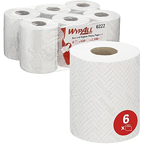 WypAll L10 Food & Hygiene Wiping Paper 6222 - 1 Ply Dry Cleaning Wipes - 6 White Centrefeed Rolls x 430 Paper Wipes (2,580 total) Cover