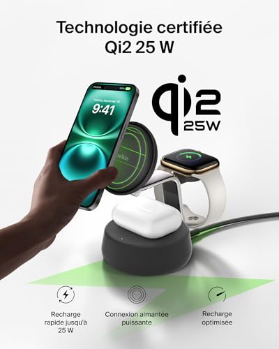 Belkin UltraCharge Pro 3 en 1 Chargeur Induction Qi2 25W, Station de Charge pour iPhone 17, iPhone Air, Apple Watch, AirPods, Pixelsnap, Compatible avec MagSafe avec Ventilateur, Chargeur 45W - Noir