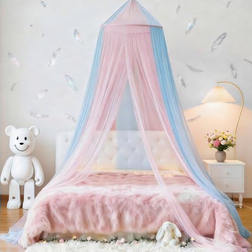 Image of Two-Tone Bed Canopy Mosquito Net, Bed Canopy for Girls Room Decor - Insect Protection Hanging Canopy for Indoor(Pink+Blue)