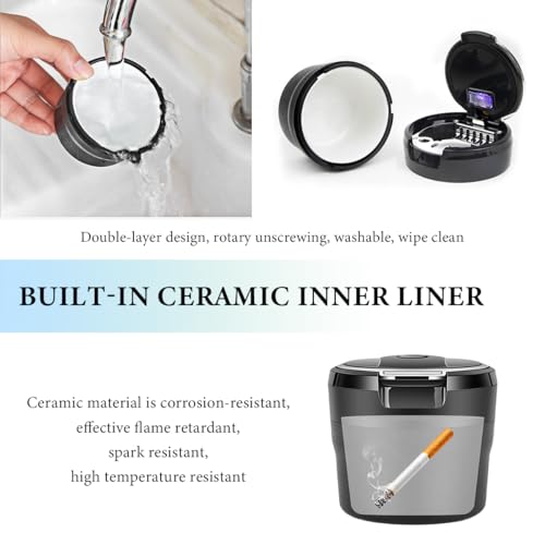 Image of Car Ashtray with Lid, Detachable Smokeless Steel Ash Tray with LED Light for Car Cup Holder Air Vent, Mini Portable Ashtray Universal for Most Vehicle Interior, Home, Office (Silver)