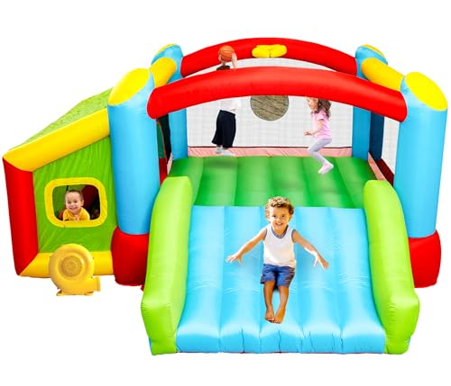 Image of WELLFUNTIME Bounce House, Inflatable Bouncer with Air Blower, Kids Slide Jumping Castle with Slide, Ball Pit and Dart Target Game, 143x137x68 Inch