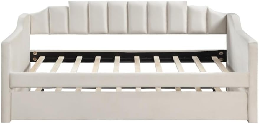 Beige Velvet Daybed with Trundle Upholstered Tufted Sofa Bed, Both Twin Size for Indoor Living Room Furniture