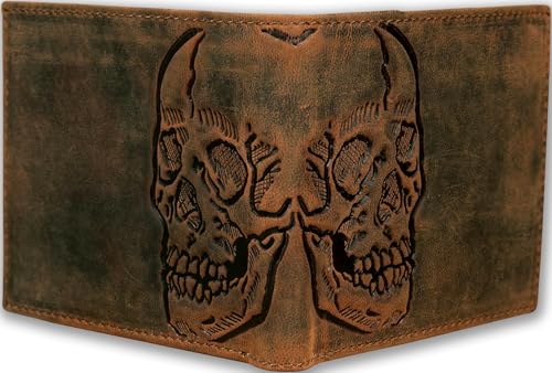 Double Skull Bifold Wallet for Men, Extra Capacity Two ID Windows, Full Grain Leather, Multi Card Capacity, Double Skull Men's Wallet2
