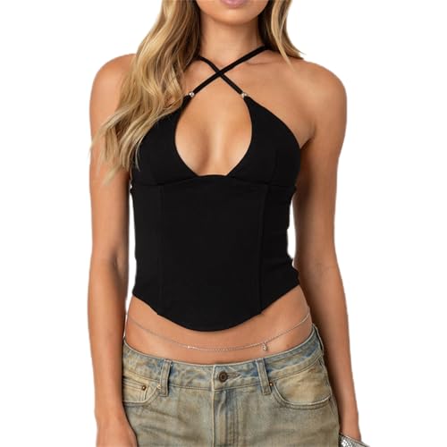 Women Y2k Criss Cross Front Spaghetti Strap Cami Crop Top Sleeveless Backless Fitted Camisole Going Out Streetwear Black
