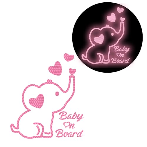 Image of High Intensity Reflective Baby on Board Car Decal Cartoon Cute Elephant Kids on Board Car Sticker Waterproof Safety Warning Decal Baby in Car Sticker (Pink)
